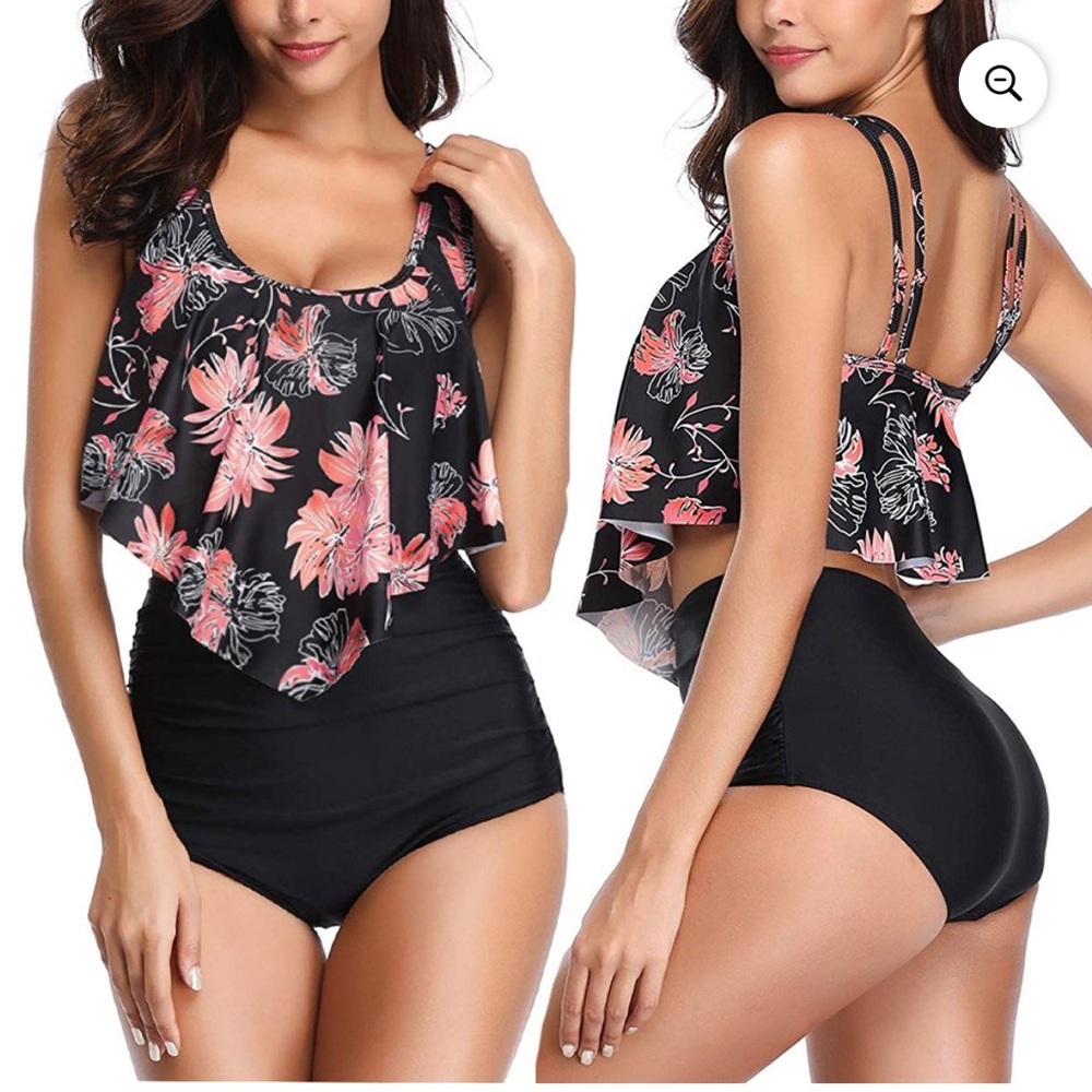 Peachy Floral flowy Bikini top & black high waisted ruched swim set NWOT Medium